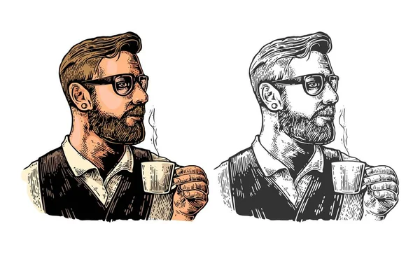 Hipster barista con la barba che regge una tazza di caffè caldo . — Vettoriale Stock