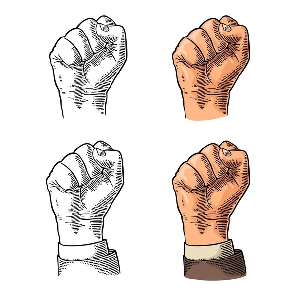 Mão humana com um punho apertado. Vector preto vintage gravada ilustração isolada em um fundo branco. Sinal de mão para web, cartaz, info gráfico — Vetor de Stock