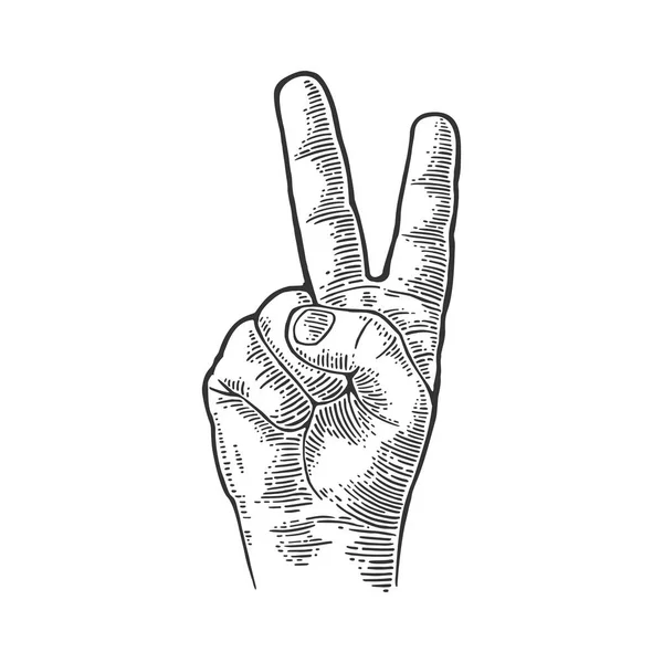 Vrouwelijke hand teken overwinning teken, of vredesteken of schaar. Zwarte vintage gegraveerde vectorillustratie geïsoleerd op een witte achtergrond. Voor web, poster, info afbeelding — Stockvector