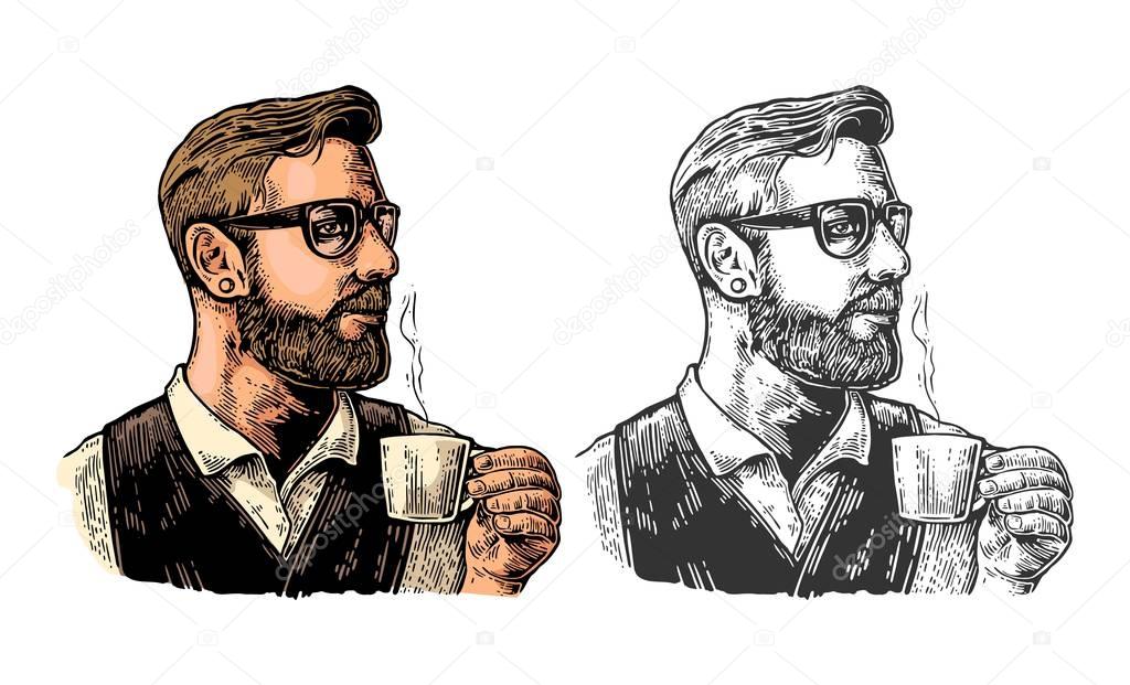 Hipster barista with the beard holding a cup of hot coffee.