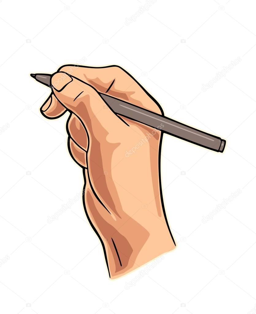 Female hand holding a pencil. Vector color flat illustration