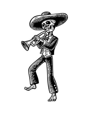 Gün öldü, Dia de los Muertos. Meksika Ulusal iskeleti dans kostümleri ve trompet çalmak.