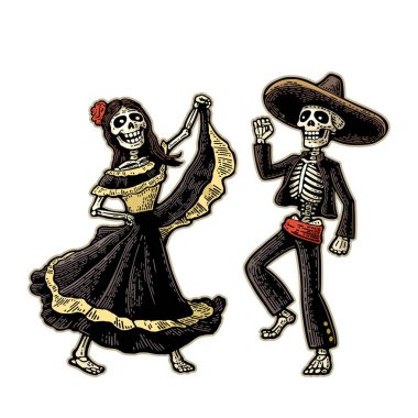 Gün öldü, Dia de los Muertos. Meksika ulusal kostüm dans, şarkı ve oyun gitar iskeleti.