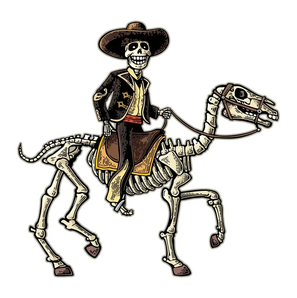 Rider w stroje narodowe meksykański człowiek galopujących na szkielet konia. — Wektor stockowy