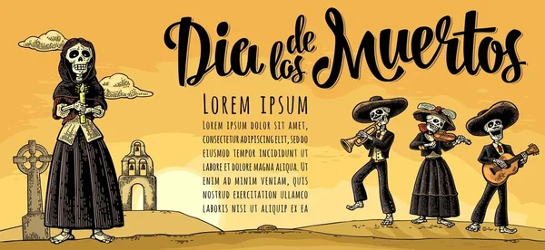 Skeletonmexican kostuums bedrijf kaars en spelen de gitaar, viool, trompet. — Stockvector