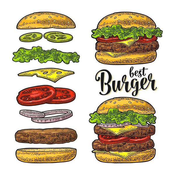 Burger mit fliegenden Zutaten auf weißem Hintergrund. Vektor Vintage Gravur schwarz — Stockvektor
