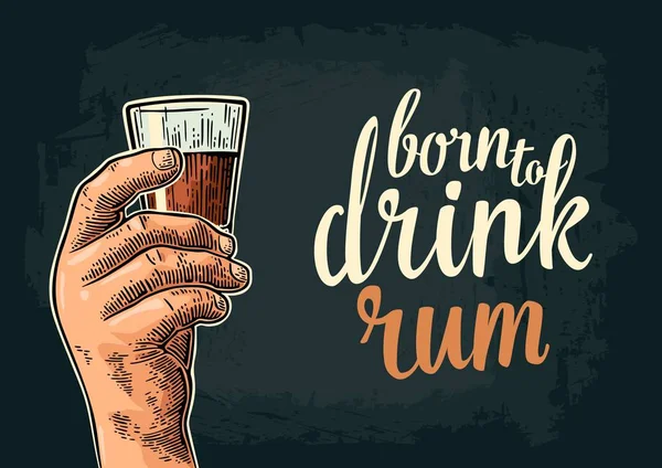 Mannenhand glas rum houden. Geboren te drinken — Stockvector