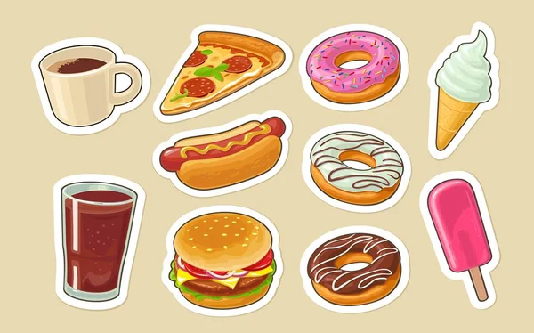 Defina fast food. Donut, sorvete, pizza, hambúrguer, pizza, cachorro quente — Vetor de Stock