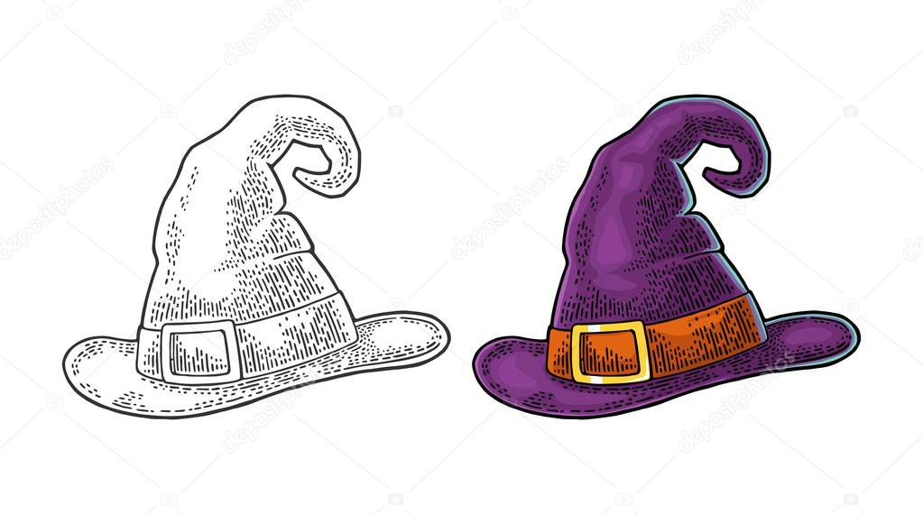 Halloween witch hat with buckle. Vector engraving
