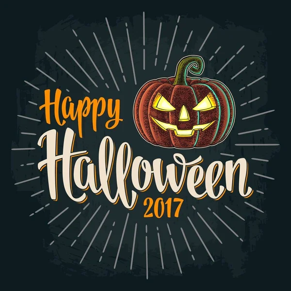 Buon Halloween 2017 calligrafia lettering. Pipistrello volare con la faccia spaventosa — Vettoriale Stock