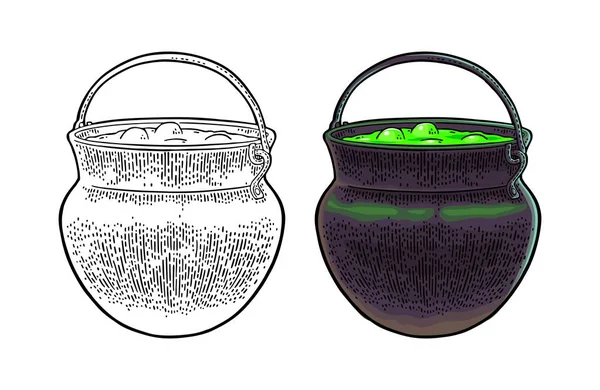 Halloween ketel. Magische Pot met bubbels. Vector gravure — Stockvector