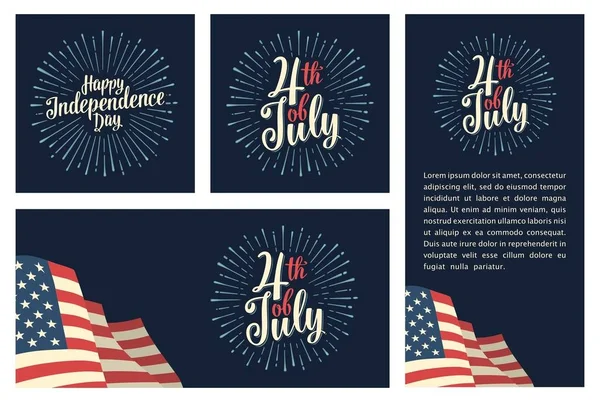 Definir horizontal, vertical, cartazes quadrados Feliz Dia da Independência com fogos de artifício — Vetor de Stock