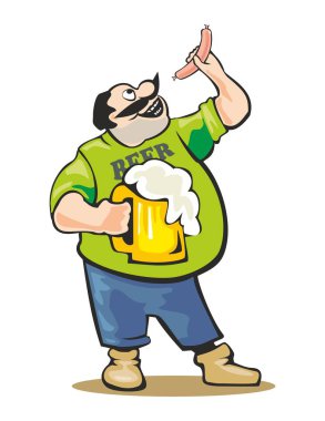 Arı cam ve sosis holding adam ayakta. Renk vektör çizim