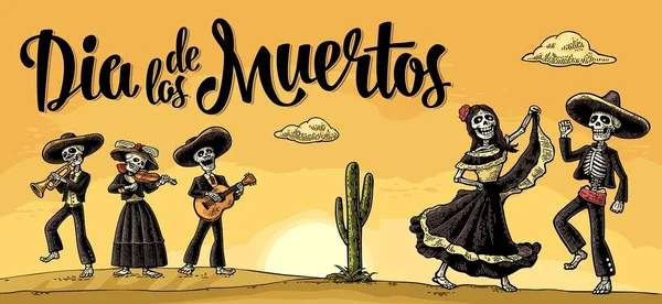 Csontváz mexikói jelmez tánc, és játszani a gitár, hegedű, trombita. — Stock Vector