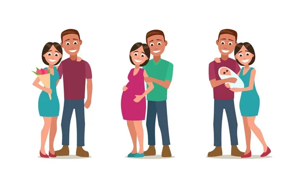 Fáze tvorby rodiny. Láska, těhotenství, narození. Pár a dítě. — Stockový vektor