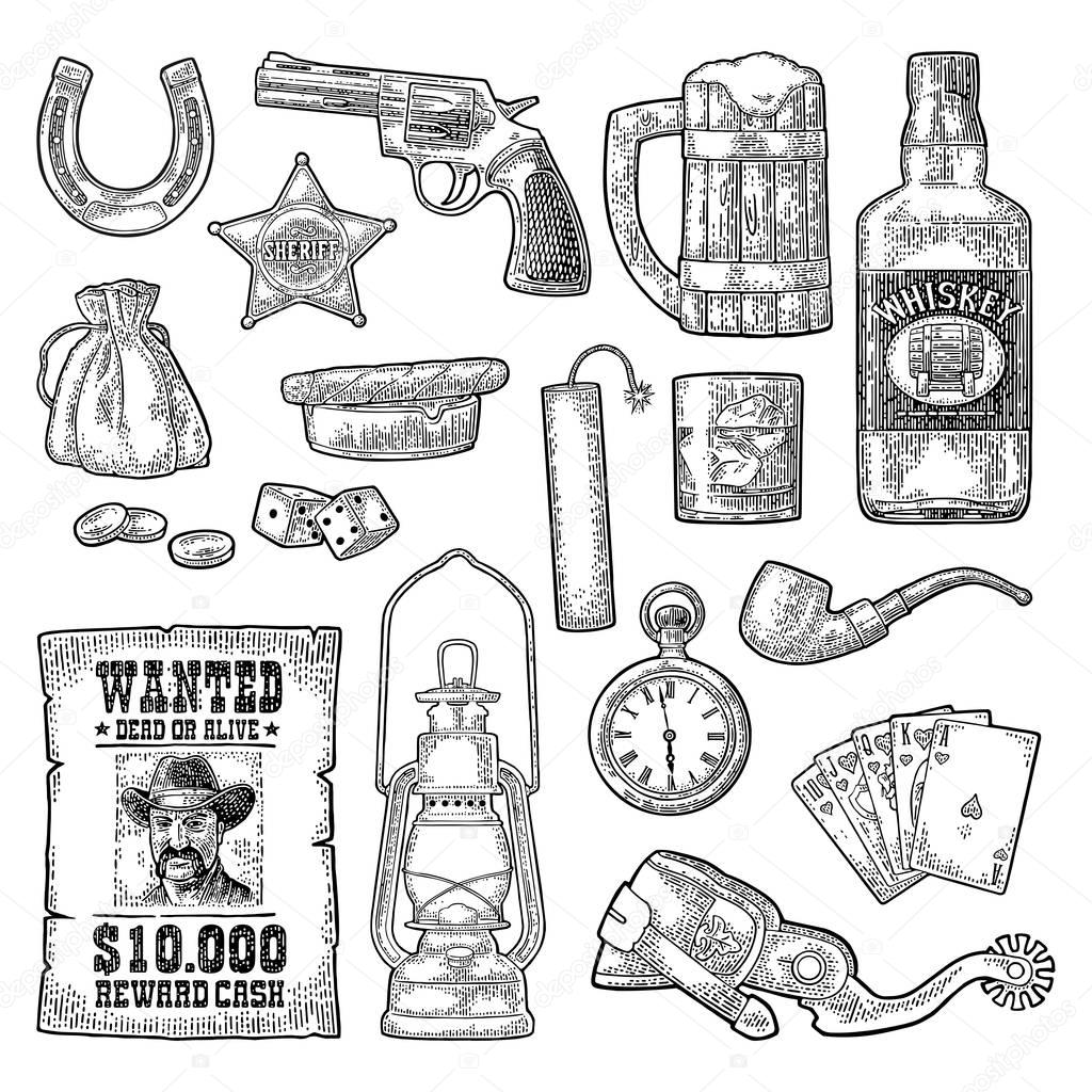 Set with Wild West and casino symbols. Vector vintage engraving black illustration