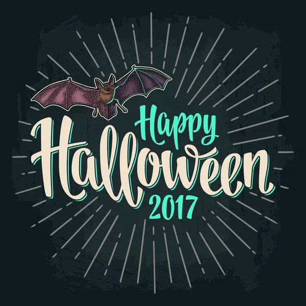 Buon Halloween 2017 calligrafia lettering. Pipistrello volare con la faccia spaventosa — Vettoriale Stock