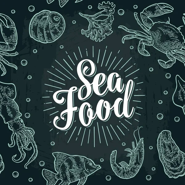 Letras de comida de mar y concha de patrón sin costura, cangrejo, camarones, peces . — Archivo Imágenes Vectoriales