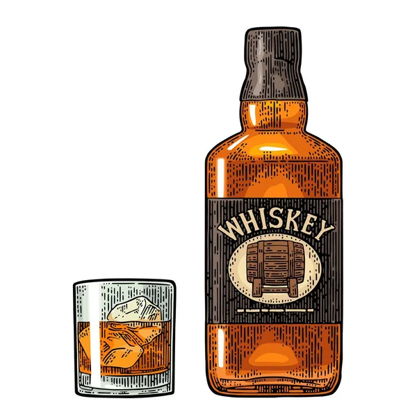 Whiskey glas med isbitar och flaskans etikett med fat — Stock vektor