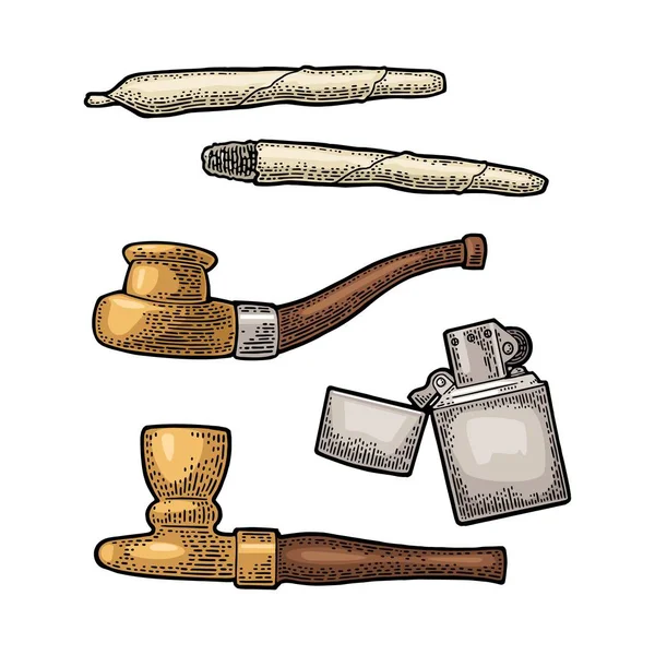 タバコ、パイプ、ライター。ヴィンテージ彫刻 — ストックベクタ