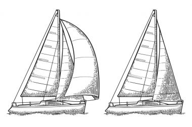 İki yelkenli yat. Yelkenli. Çizilmiş düz illüstrasyon vektör