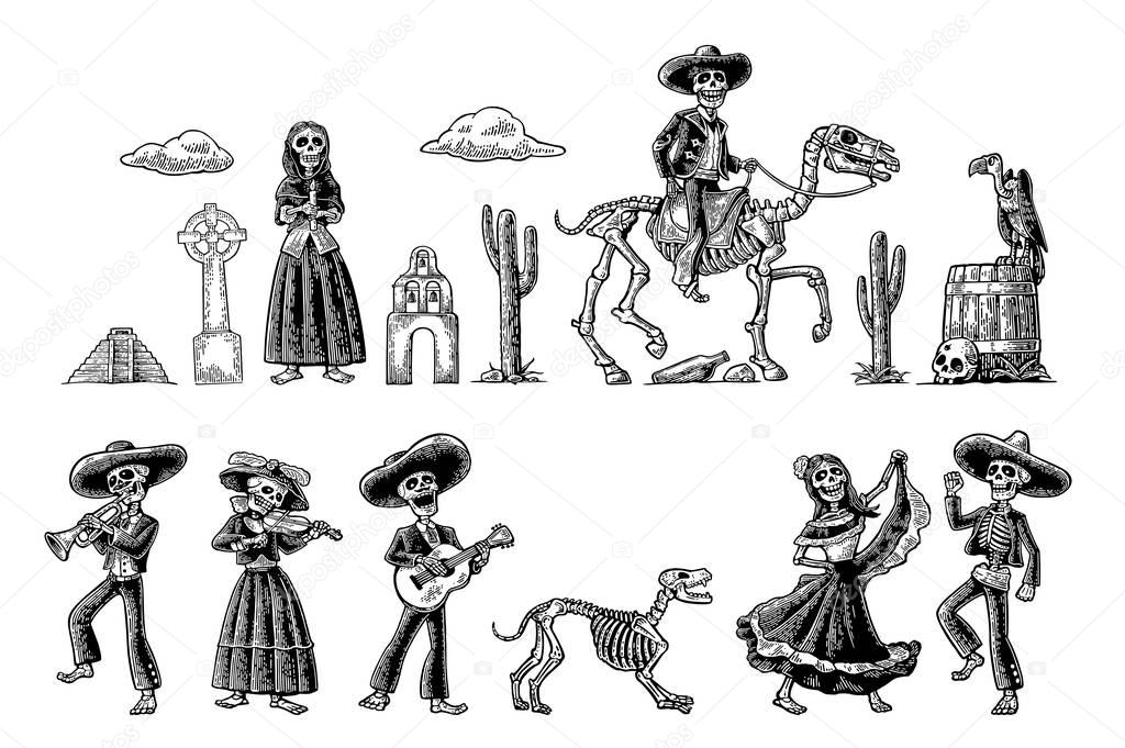 Dia de los Muertos. The skeleton in Mexican national costumes