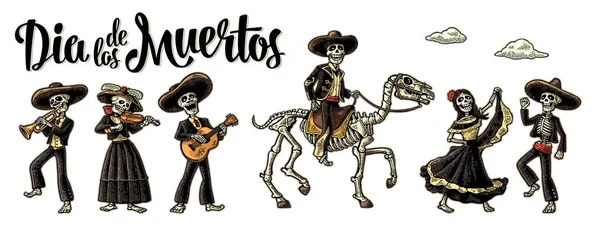 Día de los Muertos. El esqueleto en trajes nacionales mexicanos — Vector de stock