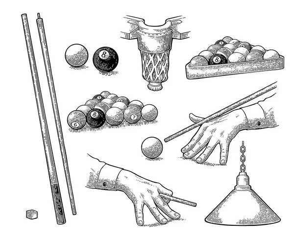 Mettez le billard. Bâton, boules, craie, poche et lampe. Gravure noire vintage — Image vectorielle