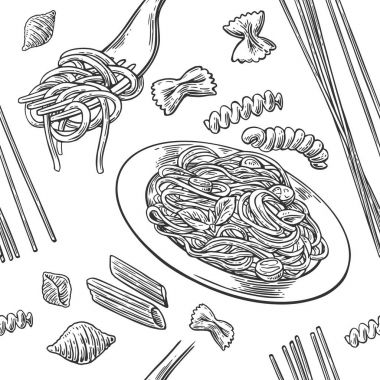 Dikişsiz desen makarna ayarlayın. Farfalle, conchiglie, penne, düdük ve spagetti çatalı üzerinde.