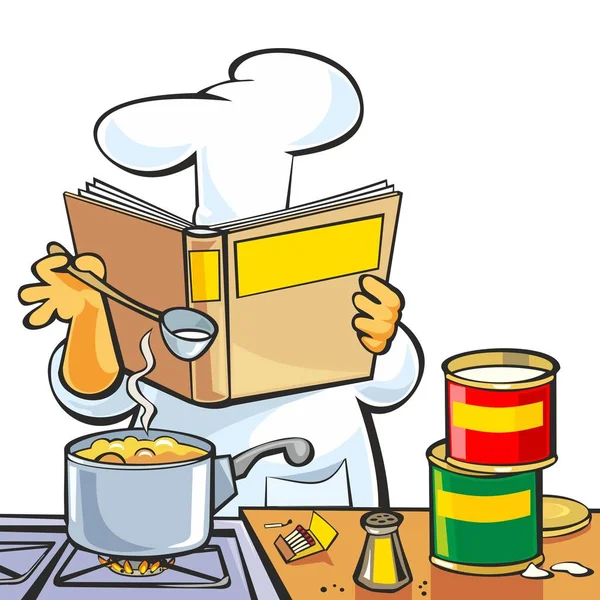 Chef preparazione zuppa e lettura ricetta ricettario . — Vettoriale Stock