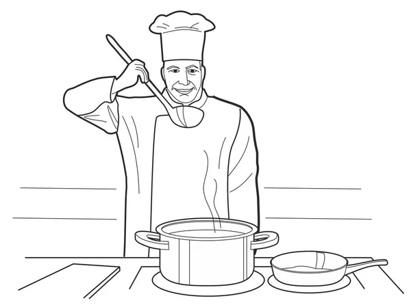 Chef próbuje zupę. Proces gotowania z tabeli dane liczbowe w restauracji — Wektor stockowy