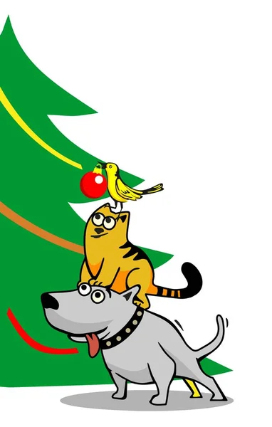 Perro, gato y pájaro decorando el árbol de Navidad . — Archivo Imágenes Vectoriales