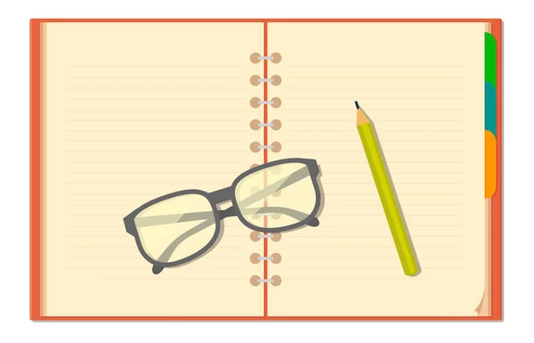 Blank opened notebook, glasses, pencil. — Stock Vector