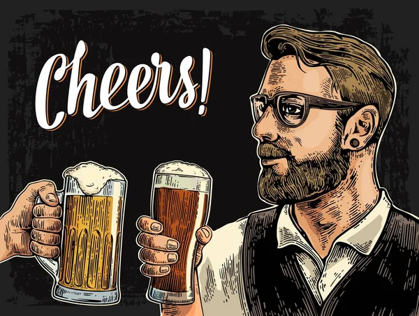 Hipster hält Bier in der Hand und klingelt. — Stockvektor