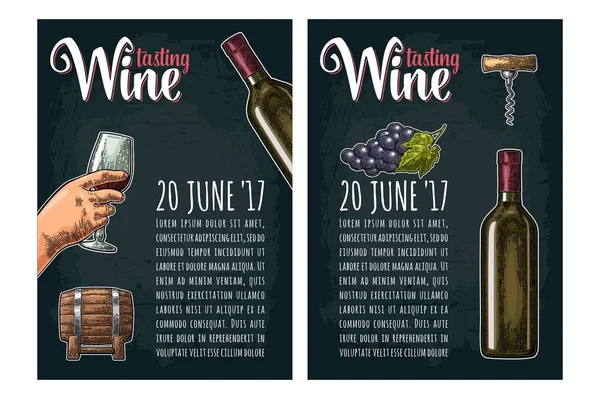 Poster verticale. Degustazione di vino lettering. Bottiglia, cavatappi, grappolo d'uva — Vettoriale Stock