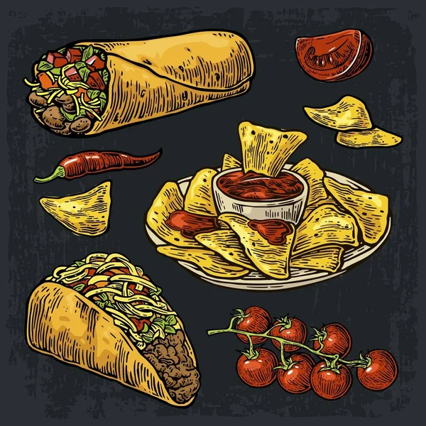 Comida tradicional mexicana com mensagem de texto, burrito, tacos, pimenta, tomate, nachos. —  Vetores de Stock