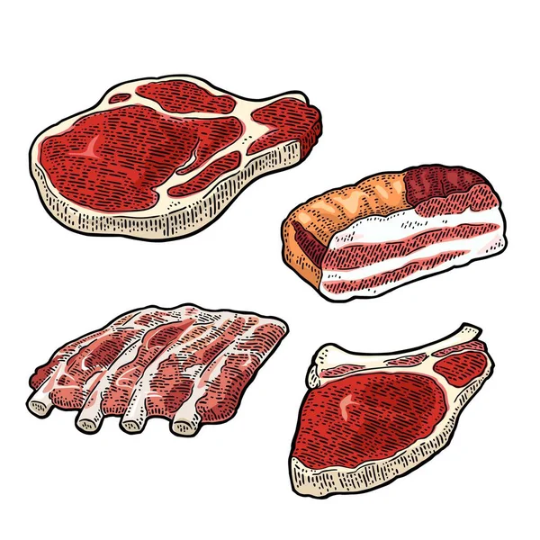 Imposta prodotti a base di carne. Illustrazione di incisione vettoriale a colori vintage . — Vettoriale Stock