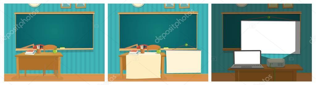 Interior of classroom with desk and blackboard.