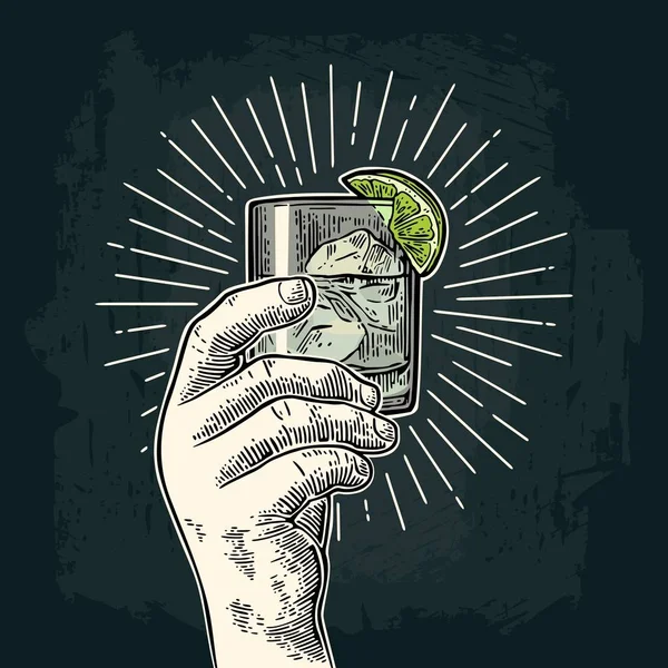 Mão masculina segurando um copo com gin. Gravura vectorial vintage — Vetor de Stock