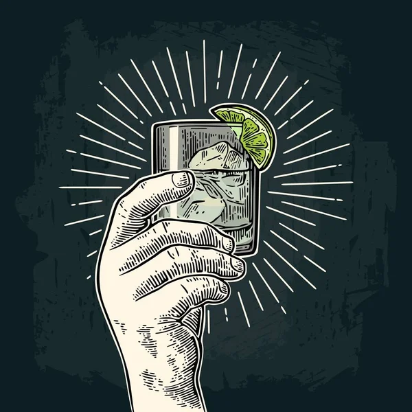 Mano masculina sosteniendo un vaso con ginebra. Grabado vectorial Vintage — Vector de stock