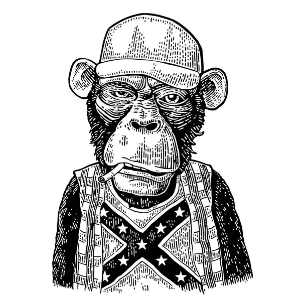 Redneck małpa w trucker cap, koszulkę z flagą konfederatów. — Wektor stockowy