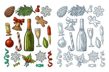 Merry Christmas ve yeni yıl ayarlayın. Vektör vintage renk oyma