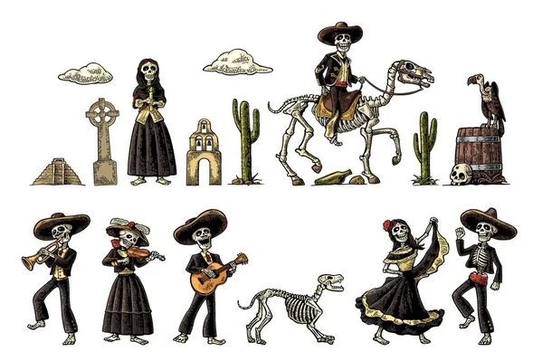 Dia de los Muertos. O esqueleto em trajes nacionais mexicanos — Vetor de Stock
