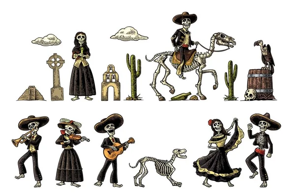 Día de los Muertos. El esqueleto en trajes nacionales mexicanos — Vector de stock