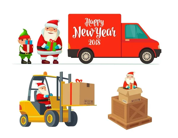 Babbo Natale logistico e elfo con un regalo. Carrello elevatore porta — Vettoriale Stock