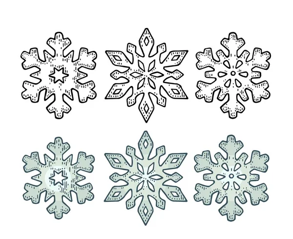 Impostare fiocchi di neve. Illustrazione di incisione nera vintage vettoriale . — Vettoriale Stock