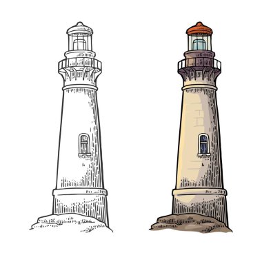 Beyaz arka plan üzerinde izole deniz feneri. Vektör vintage oyma çizim.