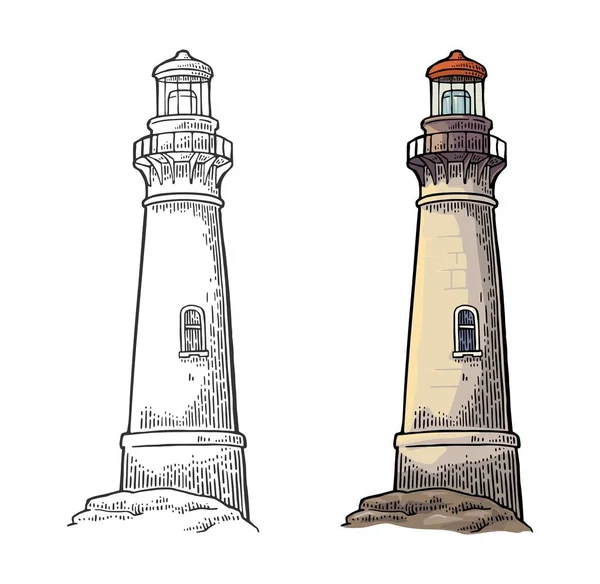 Leuchtturm isoliert auf weißem Hintergrund. Vektor Vintage Gravur Illustration. — Stockvektor