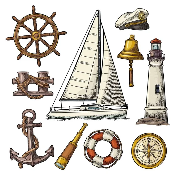 Anker, wiel, zeilschip, kompas roos, spyglass, vuurtoren gravure — Stockvector