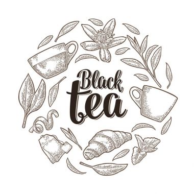 Siyah çay yazı ile ayarlayın. Vektör vintage oyma